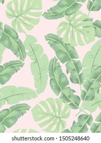 Exotic seamless vector pattern with palm and banana leaves. Vector summer background.