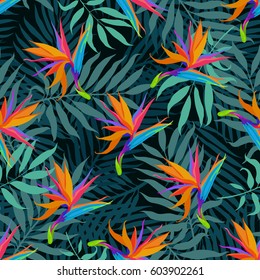 Exotic seamless vector pattern with paradise bird flowers and palms, tropical illustration, amazing details layout with botanical flowers.