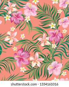 Exotic seamless vector pattern with tropical flowers and palm leaves. Coral summer background. Trendy illustration for textile design.