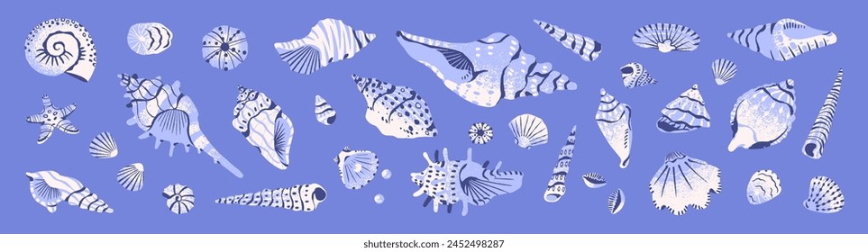 Exotic seashells set. Various ocean cockleshells: florida conch, cowrie, scallop, nautilus, whelks, mollusk with pearls. Patterned sea shells with different shapes. Flat isolated vector illustration