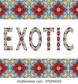 Exotic sign tribal ethnic ornamental frame border. Vector abstract geometric background with decorative letters.