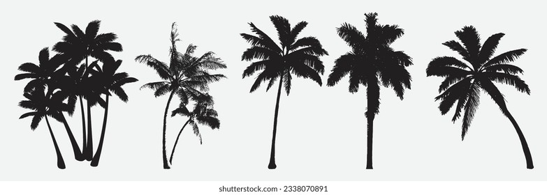 Siluetas exóticas de majestuosos árboles de coco, arte vectorial inspirado en el paraíso tropical de las islas tropicales