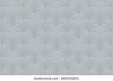 Exotic silver background, cover design, banner for design. Geometric embossed silver 3D pattern, art deco. Relief ornaments, arabesques, mandala. Ethnicity of the East, Asia, India, Mexico, Aztec
