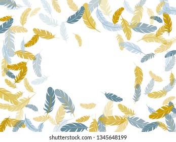 Exotic silver gold feathers vector background. Decoration confetti of carnival plumelet. Fluffy twirled feathers on white design. Bird wing plumage boho line art.