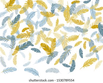 Exotic silver gold feathers vector background. Fluffy twirled feathers on white design. Decorative confetti of festive plumelet. Plumage trendy fashion shower decor.