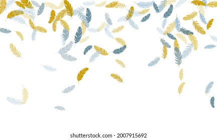 El oro plateado exótico pluma el fondo vectorial. Decoración de la ducha de moda con glamour de plumaje. Ilustración de las siluetas de plumelet. Las plumas giradas y esponjosas sobre el diseño blanco.