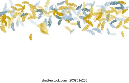 Exotic silver gold feathers vector background. Angel wing plumage concept. Flying feather elements airy vector design. Quill plumelet silhouettes illustration.