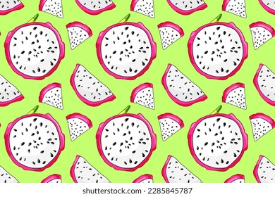 Exotic slices of pitaya seamless pattern. Beautiful sweet dragon fruit. Food illustration summer dessert