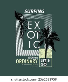 exotic slogan with palm tree silhouette in square frame graphic vector illustration