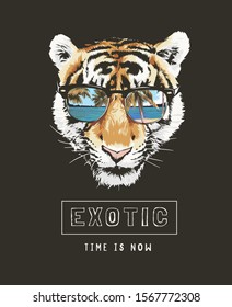 exotic slogan with tiger face in sunglasses illustration