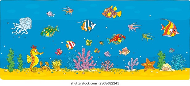 Exotic small fishes swimming in blue water of a colorful coral reef in a tropical southern sea, vector cartoon illustration