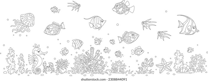 Exotic small fishes swimming on a coral reef in a tropical southern sea, black and white outline vector cartoon illustration for a coloring book