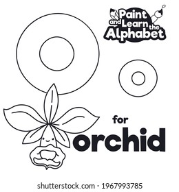 Exotic and smiling orchid, ready for didactic alphabet learning of letter 'O' and coloring lesson.