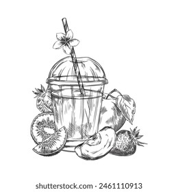 Exotic smoothie with a straw and a flower garnish, surrounded by fresh strawberries and kiwi. A tasteful vector illustration for culinary themes.
