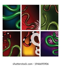 Exotic Snakes Show Advertising Banners Set Vector. Collection Of Creative Posters With Wild Danger Snakes. Bright Multicolored Skin Vipers. Deadly Tropical Serpent Wildlife Realistic 3d Illustrations