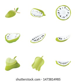 Exotic soursop icon set. Cartoon set of 9 exotic soursop vector icons for web design isolated on white background