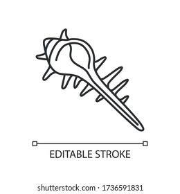 Exotic spiked sea shell pixel perfect linear icon. Tropical cockleshell thin line customizable illustration. Contour symbol. Empty molluscan conch vector isolated outline drawing. Editable stroke