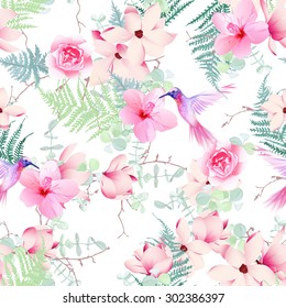 Exotic spring flowers with flying hummingbirds seamless vector print