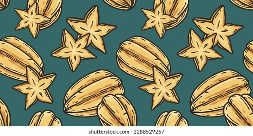 Exotic star fruit seamless pattern. Vector carambol or eco organic nature ingredient for food market.
