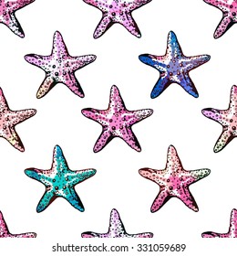 Exotic  starfishes colorful seamless pattern. Watercolor imitation.