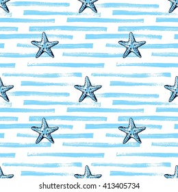 Exotic starfishes colorful seamless pattern. Blue  summer endless texture for textile, web site. Vector. 