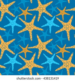Exotic starfishes colorful seamless pattern on blue background.
