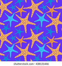 Exotic starfishes colorful seamless pattern on violet background.
