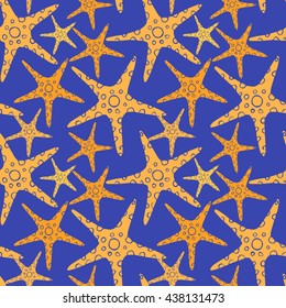 Exotic starfishes colorful seamless pattern on violet background.
