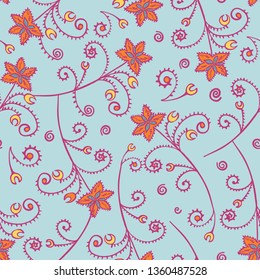 Exotic starflower print floral pattern with crescent moon leaves. Colorful fantasy all over print with swirls and small details. Vector design, great for textiles, home decor, fashion and stationery.