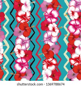 Exotic stripes of flowers hibiscus on the multicolor zigzag seamless background. Fabric vector pattern