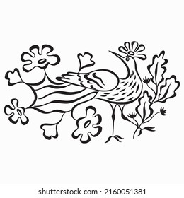 Exotic stylized bird and flowers. Fantastic bird pattern. Linear drawing vector. Hand-drawn black and white image.