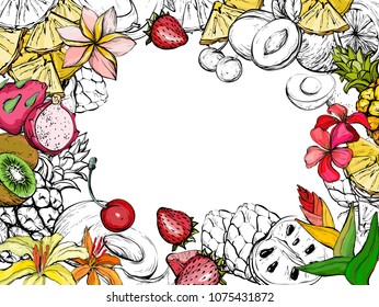 Exotic summer background with fruit and flowers