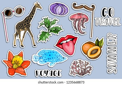 Exotic summer colorful stickes set. Traveling concept. Vector illustration