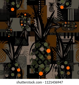 Exotic summer endless backgrounds, Abstract  creative trendy colorful seamless pattern with pineapples urban geometric seamless pattern. Squares, stripes, lines. Hand drawn artistic texture. Pop-art.