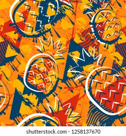 Exotic summer endless backgrounds, Abstract creative trendy colorful seamless pattern with pineapples urban geometric seamless pattern. Squares, stripes, lines. Hand drawn artistic texture. Pop-art.
