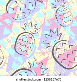 Exotic summer endless backgrounds, Abstract creative trendy colorful seamless pattern with pineapples urban geometric seamless pattern. Squares, stripes, lines. Hand drawn artistic texture. Pop-art.