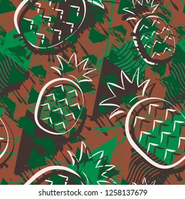 Exotic summer endless backgrounds, Abstract creative trendy colorful seamless pattern with pineapples urban geometric seamless pattern. Squares, stripes, lines. Hand drawn artistic texture. Pop-art.