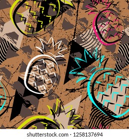 Exotic summer endless backgrounds, Abstract creative trendy colorful seamless pattern with pineapples urban geometric seamless pattern. Squares, stripes, lines. Hand drawn artistic texture. Pop-art.