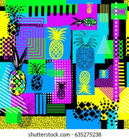 Exotic summer endless backgrounds, Abstract  creative trendy colorful seamless pattern with pineapples urban geometric seamless pattern. Squares, stripes, lines. Hand drawn artistic texture. Pop-art.