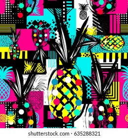 Exotic summer endless backgrounds, Abstract  creative trendy colorful seamless pattern with pineapples urban geometric seamless pattern. Squares, stripes, lines. Hand drawn artistic texture. Pop-art.