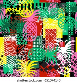Exotic summer endless backgrounds, Abstract  creative trendy colorful seamless pattern with pineapples urban geometric seamless pattern. Squares, stripes, lines. Hand drawn artistic texture. Pop-art.
