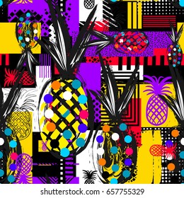 Exotic summer endless backgrounds, Abstract  creative trendy colorful seamless pattern with pineapples urban geometric seamless pattern. Squares, stripes, lines. Hand drawn artistic texture. Pop-art.