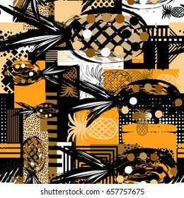 Exotic summer endless backgrounds, Abstract  creative trendy colorful seamless pattern with pineapples urban geometric seamless pattern. Squares, stripes, lines. Hand drawn artistic texture. Pop-art.