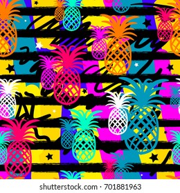 Exotic summer endless backgrounds, Abstract creative trendy colorful seamless pattern with pineapples urban geometric seamless pattern. Squares, stripes, lines. Hand drawn artistic texture. Pop-art.