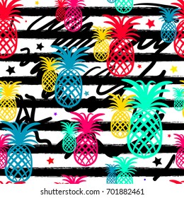 Exotic summer endless backgrounds, Abstract creative trendy colorful seamless pattern with pineapples urban geometric seamless pattern. Squares, stripes, lines. Hand drawn artistic texture. Pop-art.