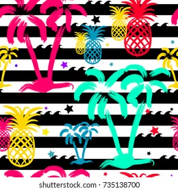 Exotic summer endless backgrounds, Abstract creative trendy colorful seamless pattern with pineapples urban geometric seamless pattern. Squares, stripes, lines. Hand drawn artistic texture. Pop-art.