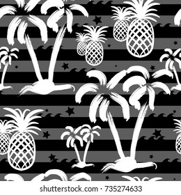 Exotic summer endless backgrounds, Abstract creative trendy colorful seamless pattern with pineapples palm lines. Black and white wallpaper. Hand drawn artistic texture. Pop-art.