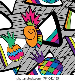 Exotic summer endless backgrounds, Abstract creative trendy colorful seamless pattern with pineapples urban geometric seamless pattern. Squares, stripes, lines. Hand drawn artistic texture. Pop-art.