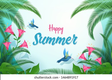 Exotic summer flat vector banner template. Happy summer calligraphy with decorative palm tree leaves, tropical foliage and birds. Tiny hummingbirds sipping flowers nectar postcard design layout