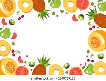 Exotic summer fruit frame border banner cover concept. Vegetarian healthy food decoration tropical wallpaper. Vector cartoon graphic design element illustration